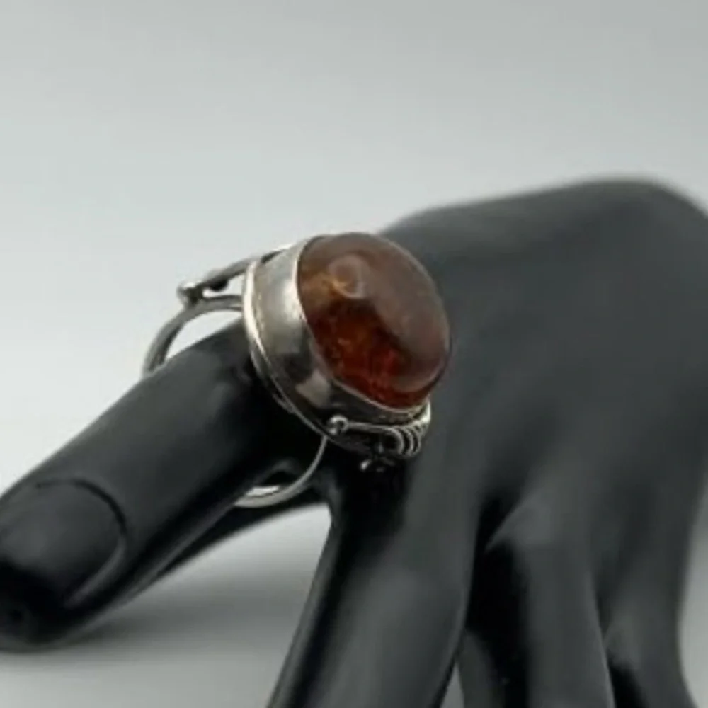 ZIV Signed Sterling Silver Natural Amber Ring Size‎ 9
